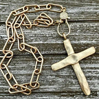 Matte Gold Cross Necklace,Micro Pave Carabiner Clasp,Matte Gold Paperclip Chain,Textured Brass Cross,Religious Pendant