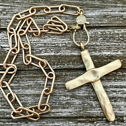 Matte Gold Cross Necklace,Micro Pave Carabiner Clasp,Matte Gold Paperclip Chain,Textured Brass Cross,Religious Pendant