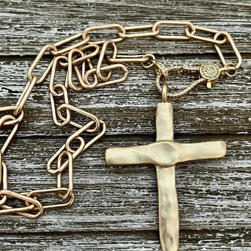 Matte Gold Cross Necklace,Micro Pave Carabiner Clasp,Matte Gold Paperclip Chain,Textured Brass Cross,Religious Pendant