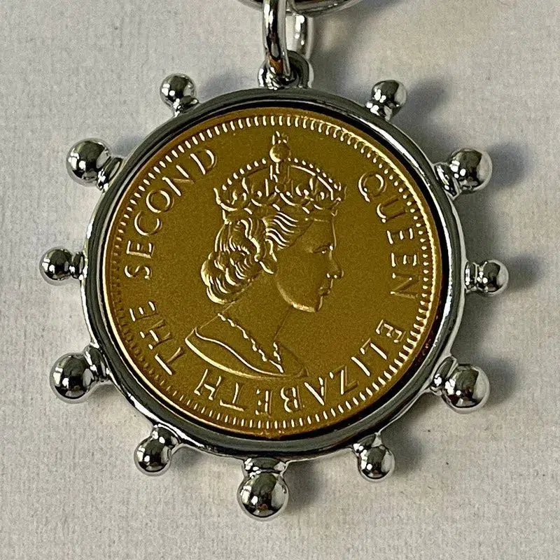 Queen Elizabeth II Coin Pendant, Gold Reproduction Coin,Silver Multi Link Chain Necklace,Silver Spiked Art Deco Bezel