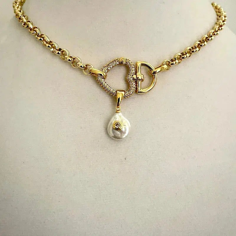 Gold Heart Carabiner Chain Necklace-Micro Pave Spring Clasp-CZ Heart Pearl Pendant-Gold Plated Belcher Rolo Chain-Dainty Necklace-Her Gift