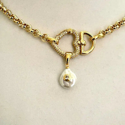 Gold Heart Carabiner Chain Necklace-Micro Pave Spring Clasp-CZ Heart Pearl Pendant-Gold Plated Belcher Rolo Chain-Dainty Necklace-Her Gift