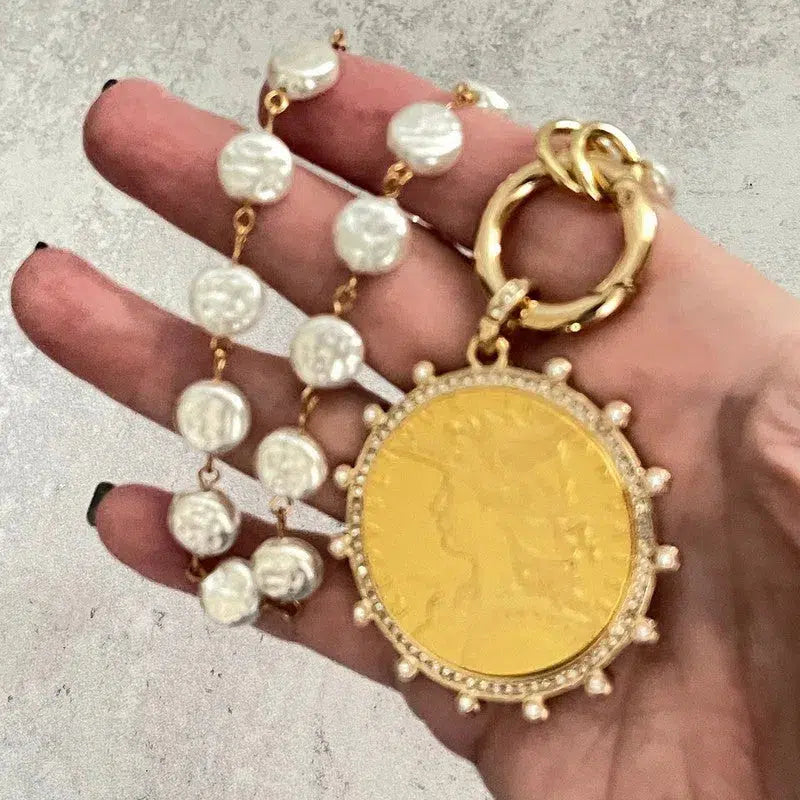 Gold Reproduction French Coin Necklace-Porcelain Glass Coin Shape Pearl Chain-Cubic Zirconia and Pearl Bezel Coin-Spring Lock Clasp