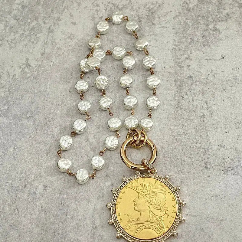 Gold Reproduction French Coin Necklace-Porcelain Glass Coin Shape Pearl Chain-Cubic Zirconia and Pearl Bezel Coin-Spring Lock Clasp