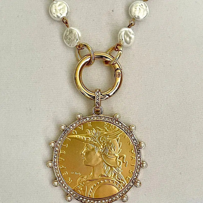 Gold Reproduction French Coin Necklace-Porcelain Glass Coin Shape Pearl Chain-Cubic Zirconia and Pearl Bezel Coin-Spring Lock Clasp