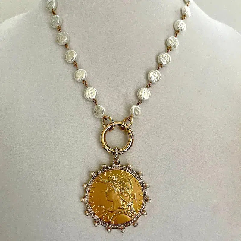 Gold Reproduction French Coin Necklace-Porcelain Glass Coin Shape Pearl Chain-Cubic Zirconia and Pearl Bezel Coin-Spring Lock Clasp