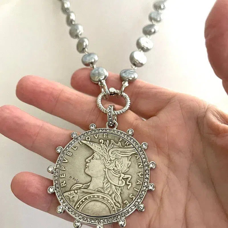 Silver Reproduction French Coin Necklace-Porcelain Glass Grey Coin Shape Pearl Chain-Cubic Zirconia Bezel Coin-Rope Design Spring Lock Clasp