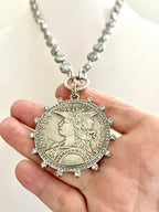 Silver Reproduction French Coin Necklace-Porcelain Coin Shape Pearl