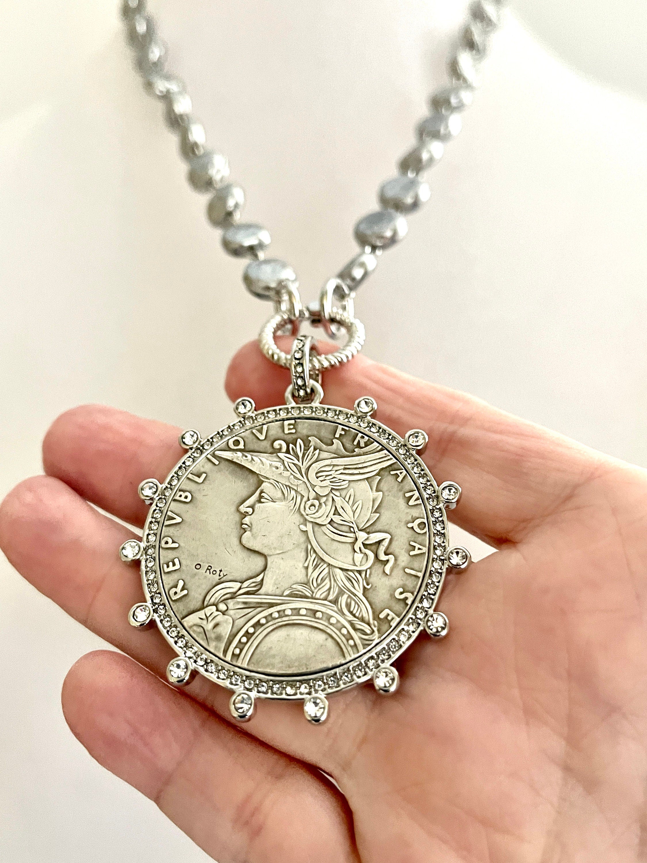 Silver Reproduction French Coin Necklace-Porcelain Coin Shape Pearl