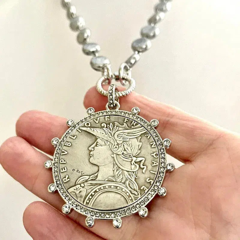 Silver Reproduction French Coin Necklace-Porcelain Glass Grey Coin Shape Pearl Chain-Cubic Zirconia Bezel Coin-Rope Design Spring Lock Clasp