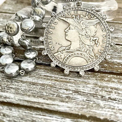 Silver Reproduction French Coin Necklace-Porcelain Glass Grey Coin Shape Pearl Chain-Cubic Zirconia Bezel Coin-Rope Design Spring Lock Clasp