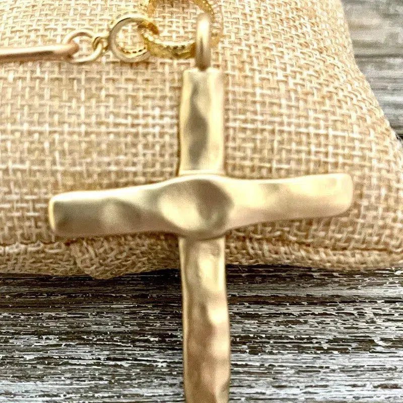 Matte Gold Cross Necklace,Micro Pave Carabiner Clasp,Matte Gold Paperclip Chain,Textured Brass Cross,Religious Pendant