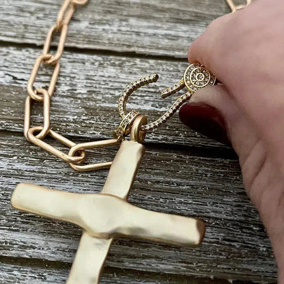 Matte Gold Cross Necklace,Micro Pave Carabiner Clasp,Matte Gold Paperclip Chain,Textured Brass Cross,Religious Pendant