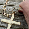Matte Gold Cross Necklace,Micro Pave Carabiner Clasp,Matte Gold Paperclip Chain,Textured Brass Cross,Religious Pendant