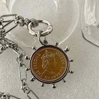 Queen Elizabeth II Coin Pendant, Gold Reproduction Coin,Silver Multi Link Chain Necklace,Silver Spiked Art Deco Bezel