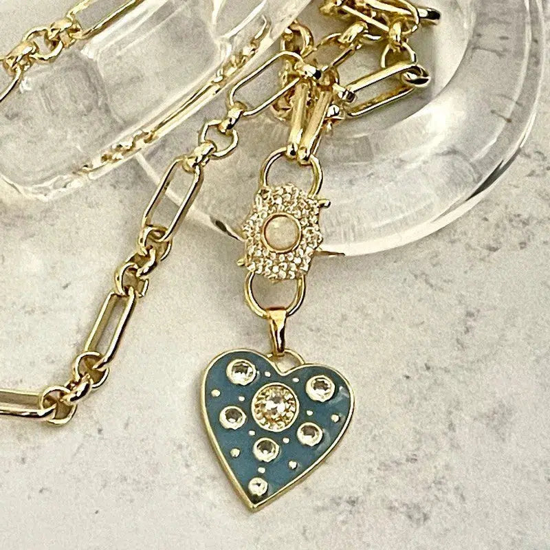 Gold Specialty Chain Necklace-Turquoise Enamel CZ Heart Pendant- Opal Pave Double Clasp Carabiner-Gift For Her