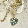 Gold Specialty Chain Necklace-Turquoise Enamel CZ Heart Pendant- Opal Pave Double Clasp Carabiner-Gift For Her