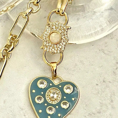 Gold Specialty Chain Necklace-Turquoise Enamel CZ Heart Pendant- Opal Pave Double Clasp Carabiner-Gift For Her