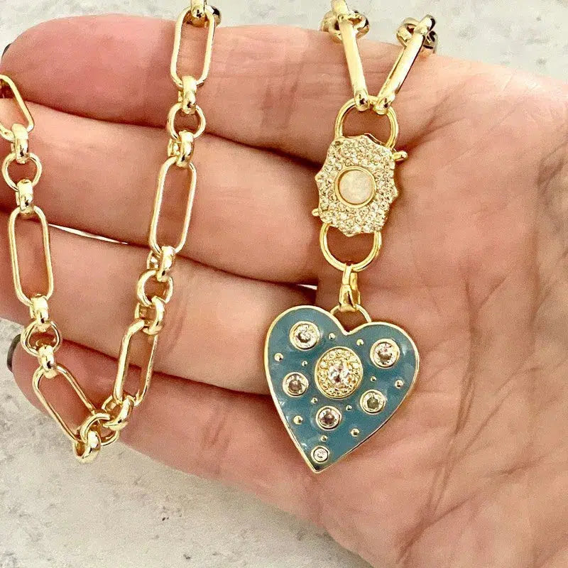 Gold Specialty Chain Necklace-Turquoise Enamel CZ Heart Pendant- Opal Pave Double Clasp Carabiner-Gift For Her