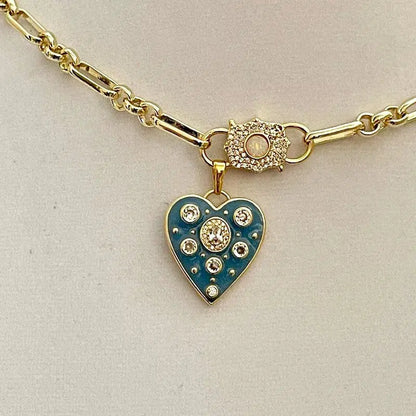 Gold Specialty Chain Necklace-Turquoise Enamel CZ Heart Pendant- Opal Pave Double Clasp Carabiner-Gift For Her