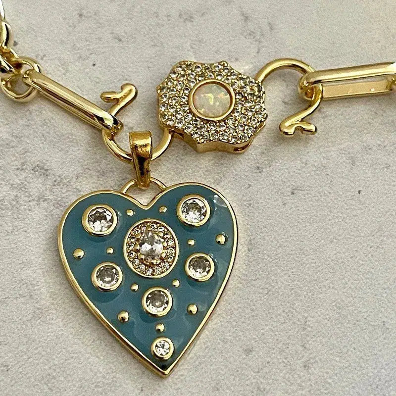 Gold Specialty Chain Necklace-Turquoise Enamel CZ Heart Pendant- Opal Pave Double Clasp Carabiner-Gift For Her