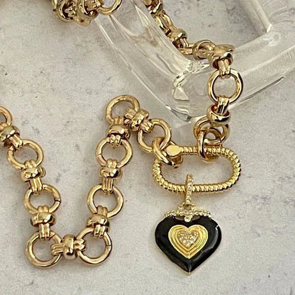 Shiny Gold Carabiner Necklace-Chunky Gold Cable Chain-Black Enamel Double Heart Pendant- Gold Spring Carabiner Clasp- Gift For Her