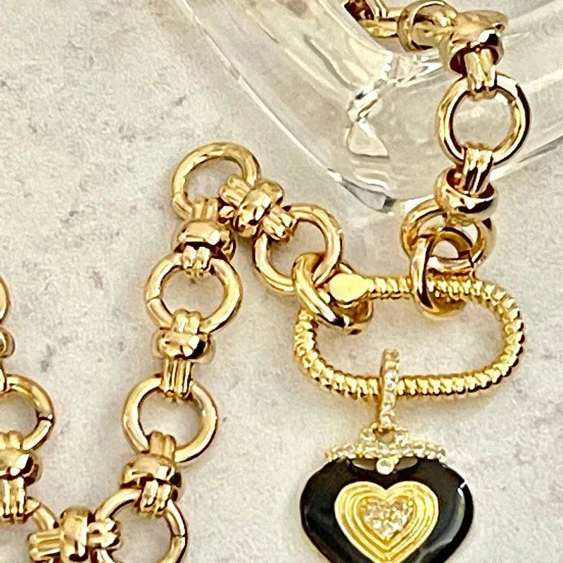 Shiny Gold Carabiner Necklace-Chunky Gold Cable Chain-Black Enamel Double Heart Pendant- Gold Spring Carabiner Clasp- Gift For Her