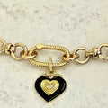 Shiny Gold Carabiner Necklace-Chunky Gold Cable Chain-Black Enamel Double Heart Pendant- Gold Spring Carabiner Clasp- Gift For Her