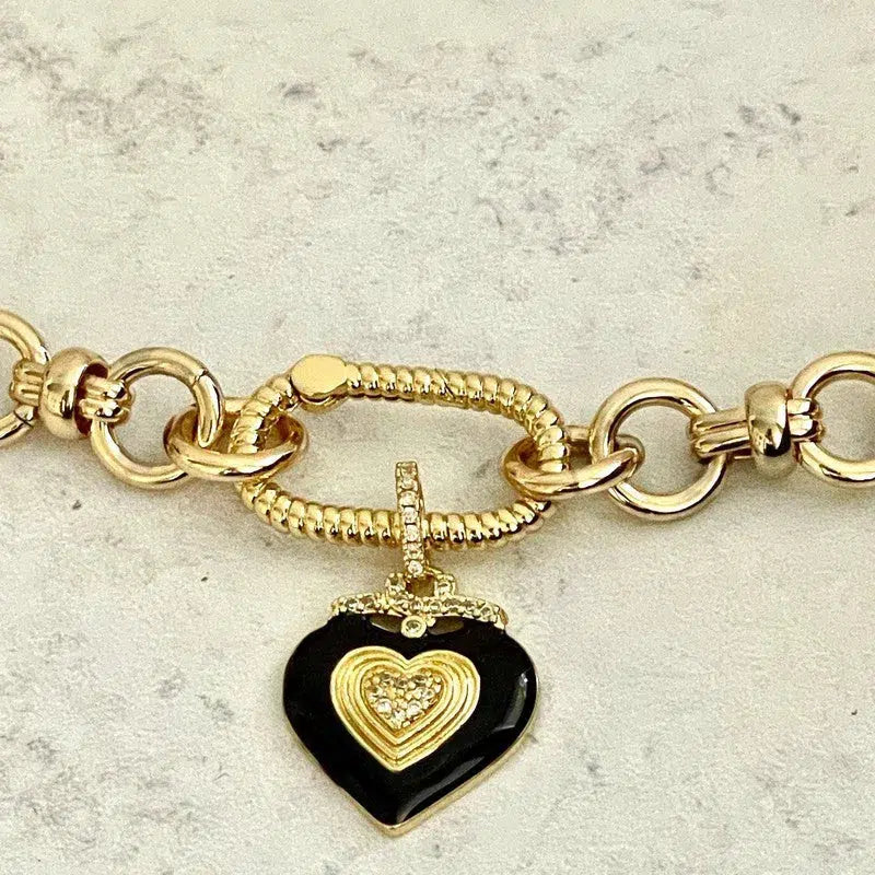 Shiny Gold Carabiner Necklace-Chunky Gold Cable Chain-Black Enamel Double Heart Pendant- Gold Spring Carabiner Clasp- Gift For Her