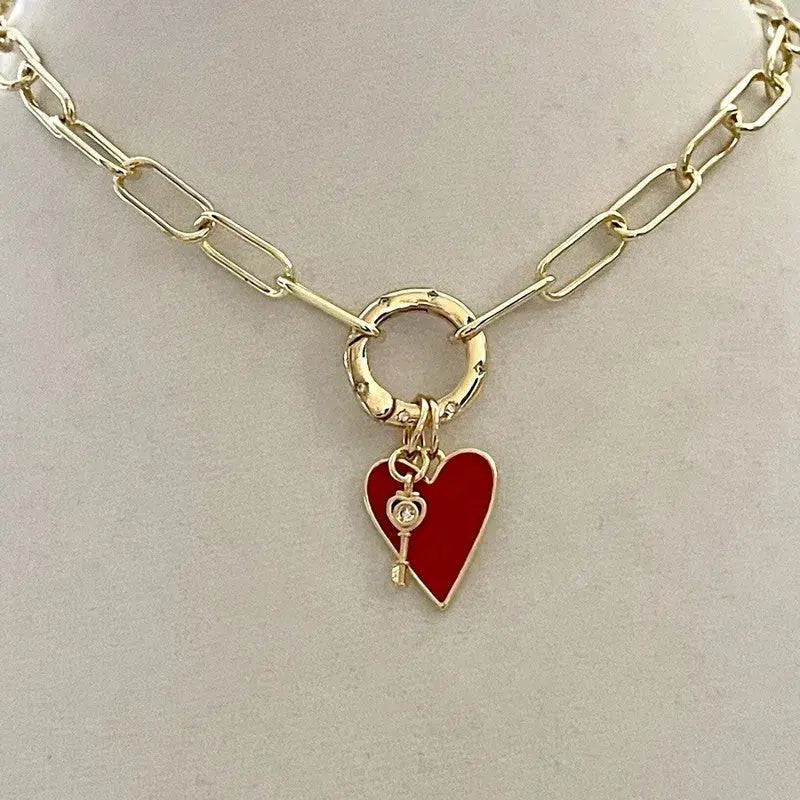 Gold Paperclip Chain Necklace-Red Heart Enamel Pendant-Gold CZ Key Charm- CZ Spring Lock Clasp-Heart Necklace-Gift For her