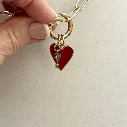 Gold Paperclip Chain Necklace-Red Heart Enamel Pendant-Gold CZ Key Charm- CZ Spring Lock Clasp-Heart Necklace-Gift For her