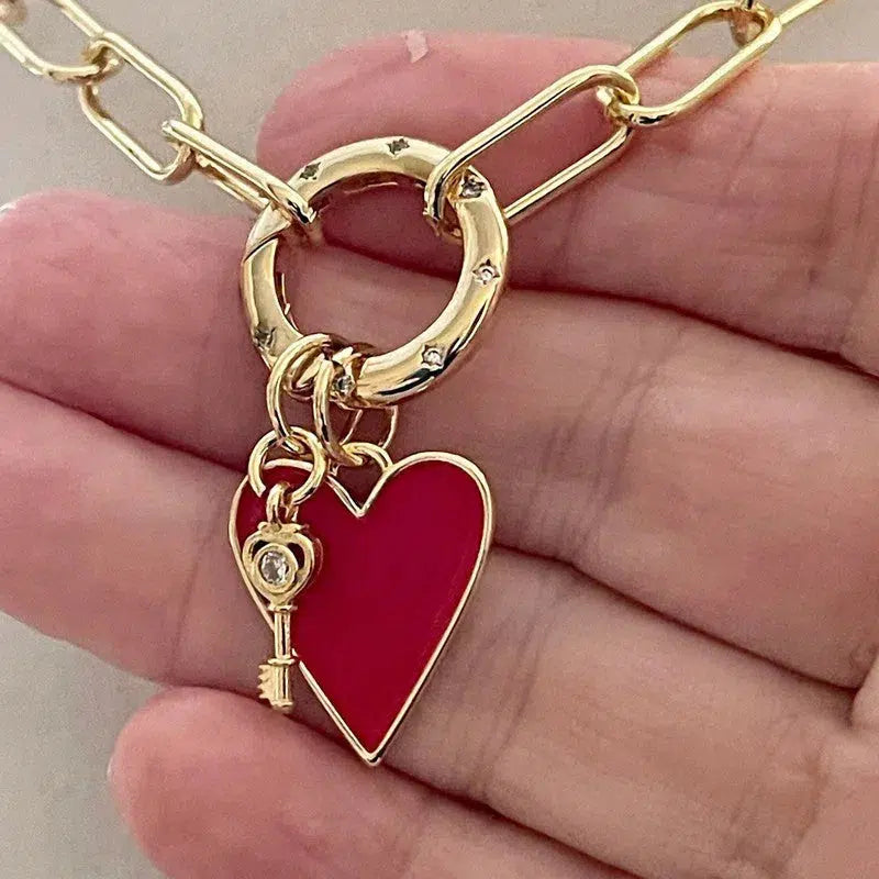 Gold Paperclip Chain Necklace-Red Heart Enamel Pendant-Gold CZ Key Charm- CZ Spring Lock Clasp-Heart Necklace-Gift For her