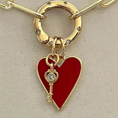 Gold Paperclip Chain Necklace-Red Heart Enamel Pendant-Gold CZ Key Charm- CZ Spring Lock Clasp-Heart Necklace-Gift For her