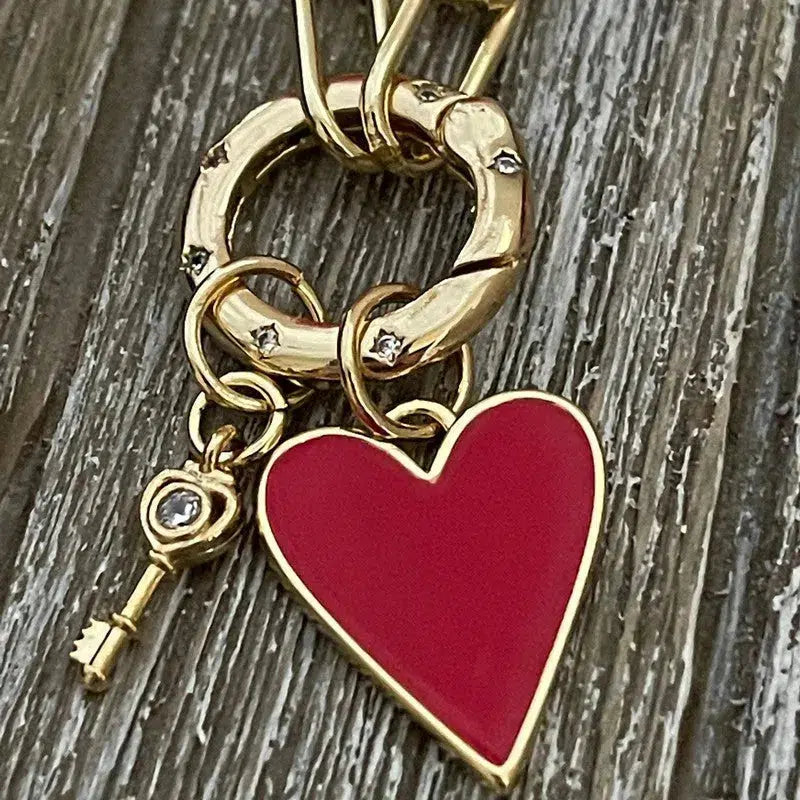 Gold Paperclip Chain Necklace-Red Heart Enamel Pendant-Gold CZ Key Charm- CZ Spring Lock Clasp-Heart Necklace-Gift For her