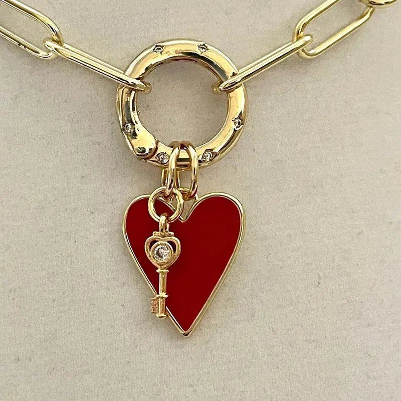 Gold Paperclip Chain Necklace-Red Heart Enamel Pendant-Gold CZ Key Charm- CZ Spring Lock Clasp-Heart Necklace-Gift For her