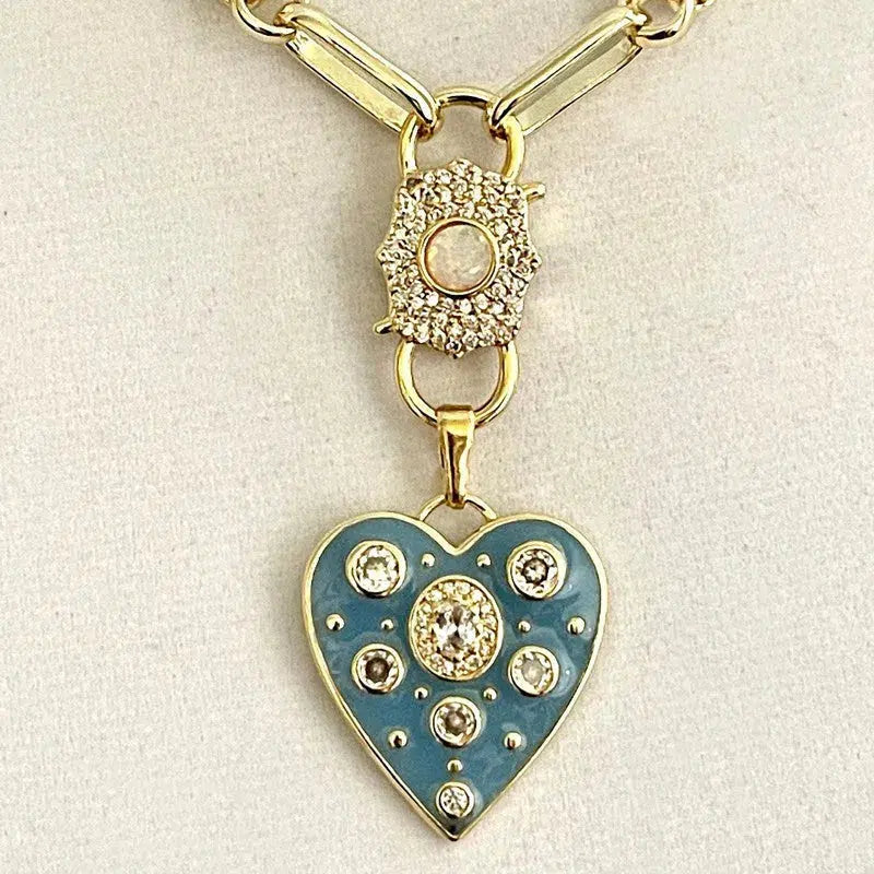 Gold Specialty Chain Necklace-Turquoise Enamel CZ Heart Pendant- Opal Pave Double Clasp Carabiner-Gift For Her