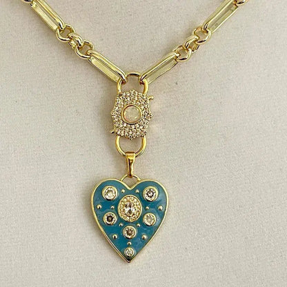 Gold Specialty Chain Necklace-Turquoise Enamel CZ Heart Pendant- Opal Pave Double Clasp Carabiner-Gift For Her