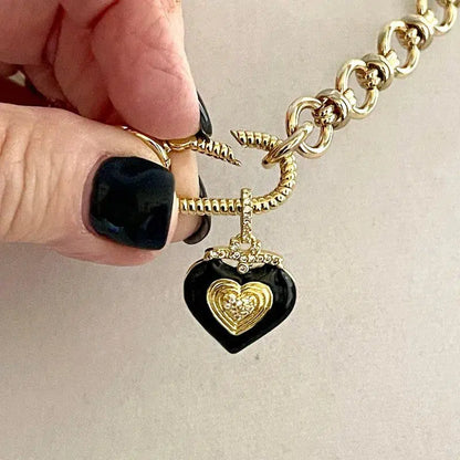 Shiny Gold Carabiner Necklace-Chunky Gold Cable Chain-Black Enamel Double Heart Pendant- Gold Spring Carabiner Clasp- Gift For Her