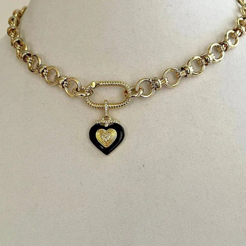 Shiny Gold Carabiner Necklace-Chunky Gold Cable Chain-Black Enamel Double Heart Pendant- Gold Spring Carabiner Clasp- Gift For Her
