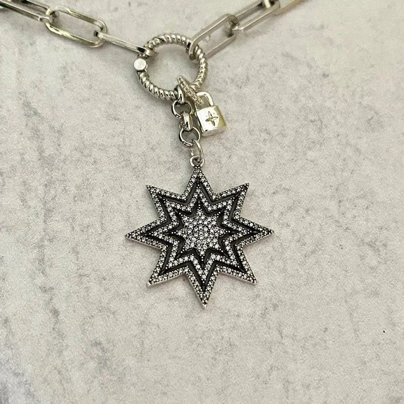 Silver Starburst Necklace-Rope Design Carabiner-Pave Starburst Pendant-Paperclip Chain Necklace-Cz Lock Charm-Spring Lock Clasp-Gift for Her