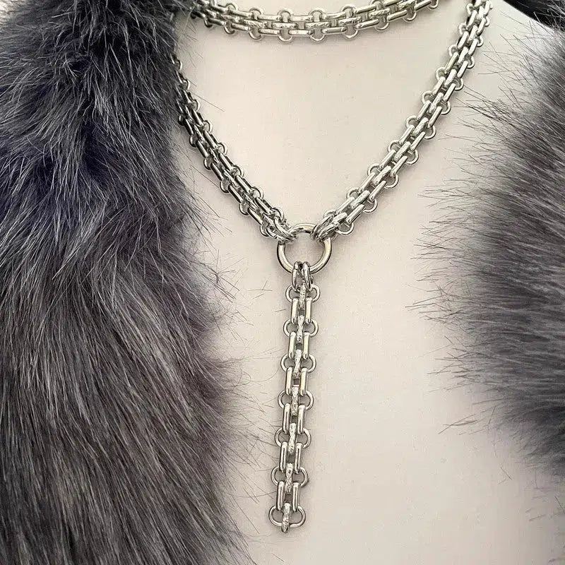 Silver Long Drop Necklace-Edgy Lariat Necklace-Chunky Multilink 