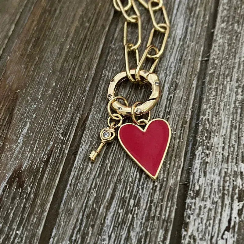 Gold Paperclip Chain Necklace-Red Heart Enamel Pendant-Gold CZ Key Charm- CZ Spring Lock Clasp-Heart Necklace-Gift For her