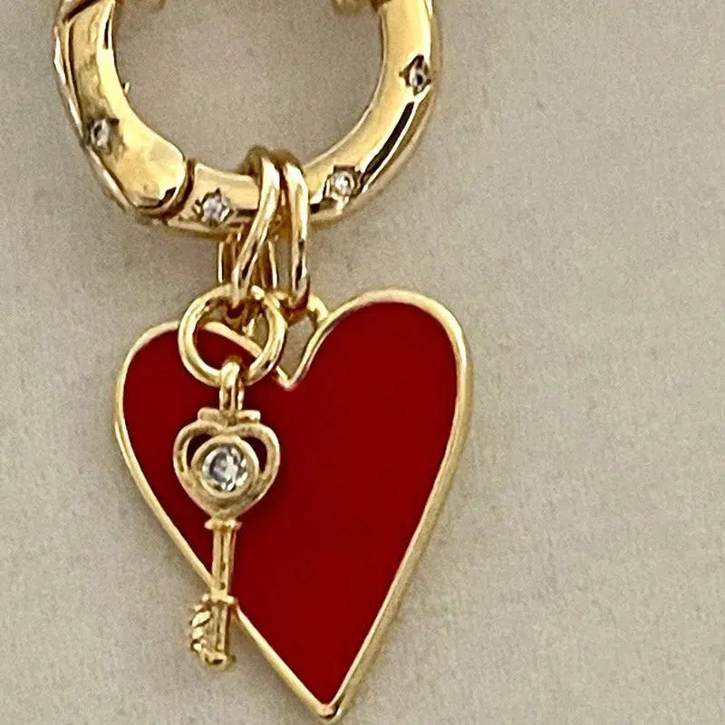 Gold Paperclip Chain Necklace-Red Heart Enamel Pendant-Gold CZ Key Charm- CZ Spring Lock Clasp-Heart Necklace-Gift For her