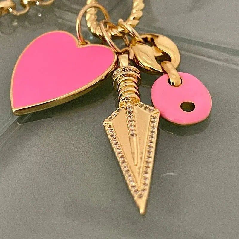 Gold Rolo Chain Necklace-Multiple Charm Necklace-Gold CZ Arrow Charm-Pink Enamel Heart Pendant-Carabiner Screw Clasp-Layering Chain Necklace