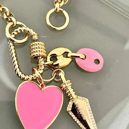 Gold Rolo Chain Necklace-Multiple Charm Necklace-Gold CZ Arrow Charm-Pink Enamel Heart Pendant-Carabiner Screw Clasp-Layering Chain Necklace