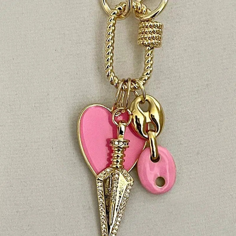 Gold Rolo Chain Necklace-Multiple Charm Necklace-Gold CZ Arrow Charm-Pink Enamel Heart Pendant-Carabiner Screw Clasp-Layering Chain Necklace