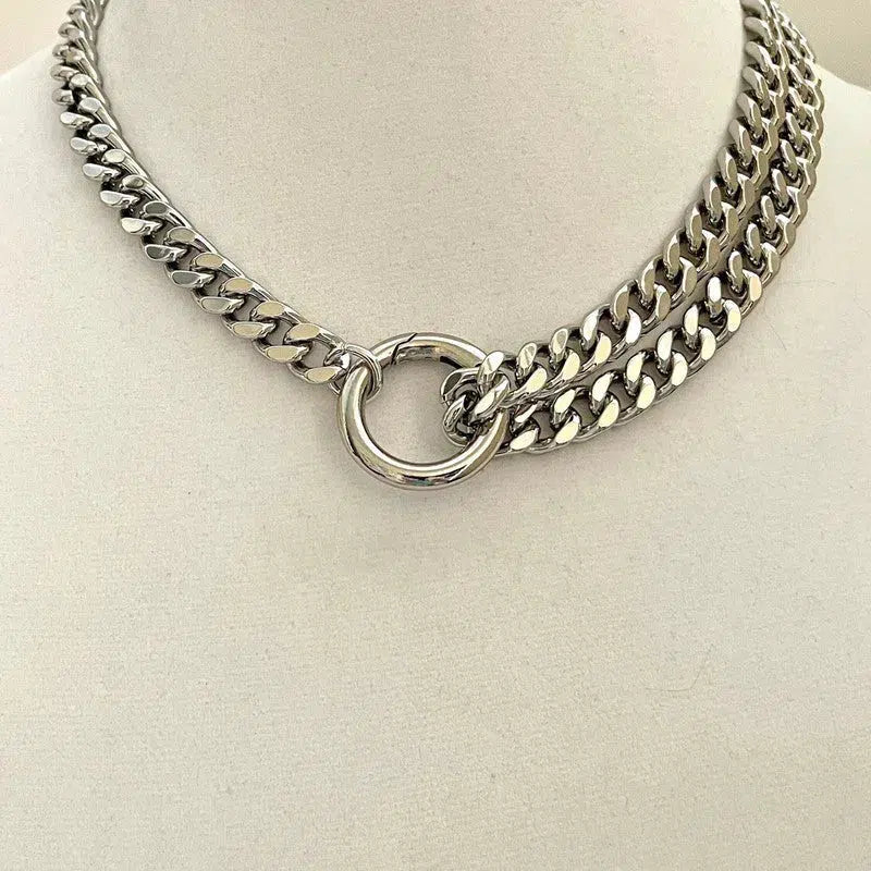 Chunky Silver Miami Cuban Chain Necklace-Thick Chunky Chain-Double Layer Cuban Chain-Round Spring Lock Clasp-Unique Design-Gift For Her