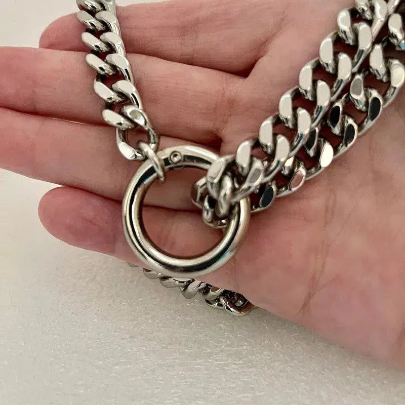 Chunky Silver Miami Cuban Chain Necklace-Thick Chunky Chain-Double Layer Cuban Chain-Round Spring Lock Clasp-Unique Design-Gift For Her