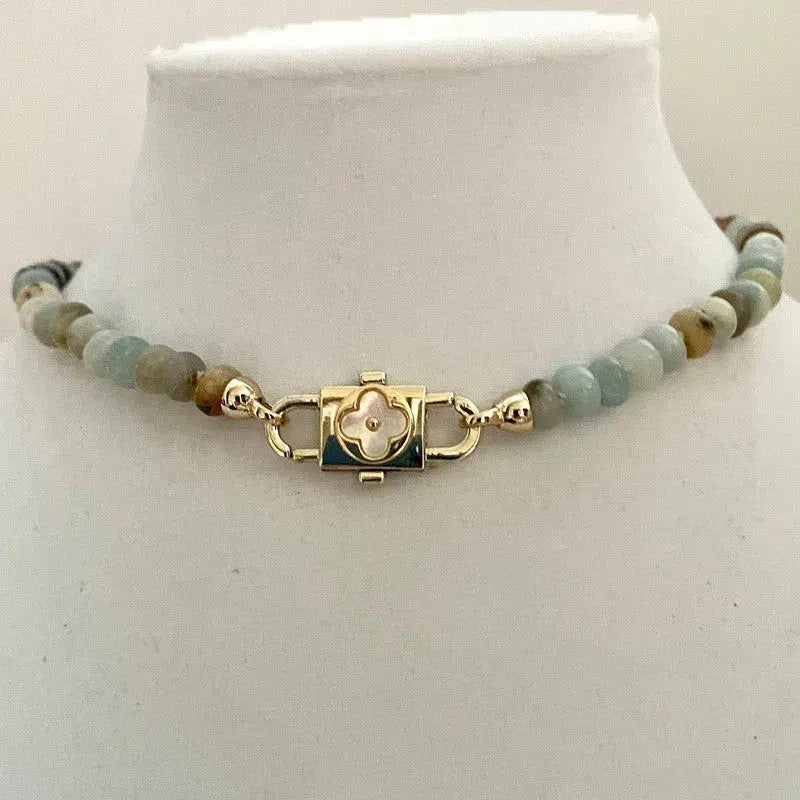 Hand Knotted Rondelle Amazonite Bead Necklace-Gold Mother of Pearl Clover- Double Slide Clasp-Unique Jewelry-Semi Pecious Beads-17.5in Long