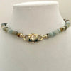 Hand Knotted Rondelle Amazonite Bead Necklace-Gold Mother of Pearl Clover- Double Slide Clasp-Unique Jewelry-Semi Pecious Beads-17.5in Long
